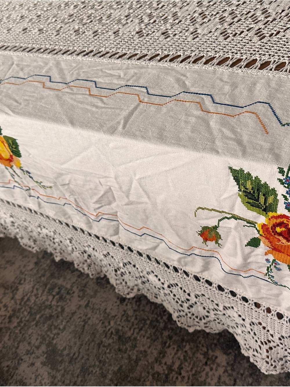 Handmade White Crochet Table Cloth with Embroidered Accents - Picture 2 of 7